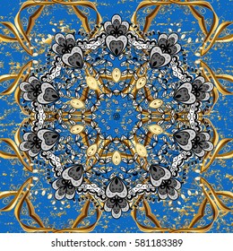 Oriental ornament in the style of baroque. Traditional classic golden pattern. Vector oriental ornament. Golden pattern on blue background with golden elements.