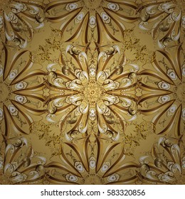 Oriental ornament in the style of baroque. Traditional classic golden vector pattern on yellow background with golden elements.
