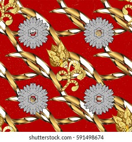 Oriental ornament in the style of baroque. Traditional classic golden vector pattern on red background with golden elements.