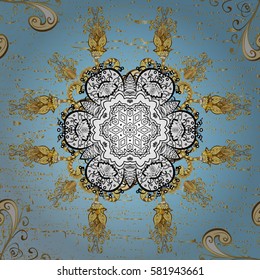 Oriental ornament in the style of baroque. Vector traditional classic golden pattern with white doodles on blue background.