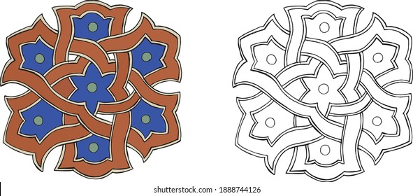 Oriental ornament, stylization, geometric pattern, abstraction. Graphic hand-drawn illustration. Print, textiles. Vintage, patern, coloring book for children.