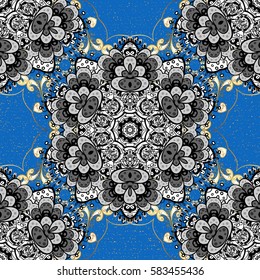 Oriental ornament. Vector golden textile print. Floral tiles. Golden pattern on blue background with golden elements. Islamic design.