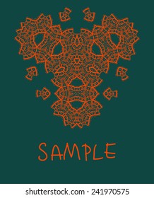 Oriental ornamental triangle mandala in red color on green background. Art vintage decorative wedding card design. Hand drawn tribal style card. Flayer template oriental style liginoru motif.