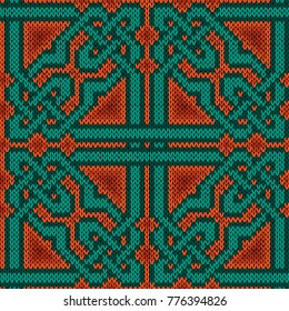 Oriental ornate seamless knitted vector pattern in orange and turquoise colors as a fabric texture