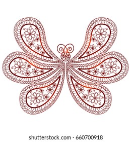 Oriental paisley pattern. Ornament in the form of a butterfly red with backlight on a white background. Stylized Butterfly. Indian ornament. Can be used as a print on clothes, a T-shirt.