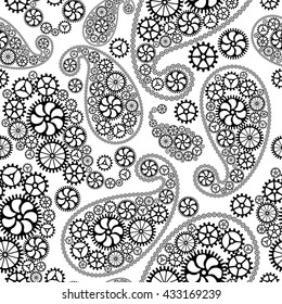 Oriental paisley seamless pattern with gears. Vector illustration.