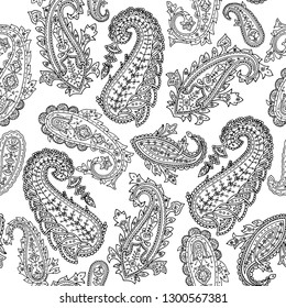 Oriental paisley seamless pattern, retro floral vector illustration. Black and white.