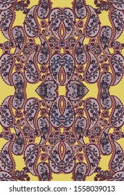 Oriental paisley seamless pattern with traditional persian buta motif and mehndi elements on purple background. Colorful vector illustration for textile print  wallpaper  wrapping paper