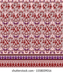 Oriental paisley seamless pattern with traditional persian buta motif and mehndi elements on purple background. Colorful vector illustration for textile print  wallpaper  wrapping paper