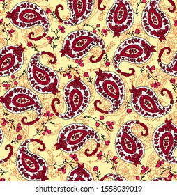 Oriental paisley seamless pattern with traditional persian buta motif and mehndi elements on red background. Colorful vector illustration for textile print  wallpaper  wrapping paper