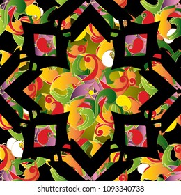 Oriental paisley seamless pattern. Vector colorful ornamental arabesque background. Bright arabic style multicolor floral ornaments with paisley flowers, geometric shapes, abstract figures. 