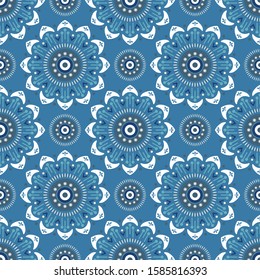 Oriental pattern with blue flowers. Japan or china style seamless background. For print, textile, fabric, design