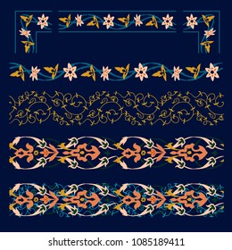 Oriental pattern border set. Samrkand, modern, art deco style. It applicable for decoration of interior or website or printed materials for cafe in oriental stile. Vector seamless pattern.