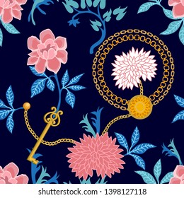 Oriental pattern with chais, keys and flowers. Summer textile collection. On black background.