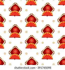 Oriental pattern in Chinese style. Emblem in the form of a golden fan.