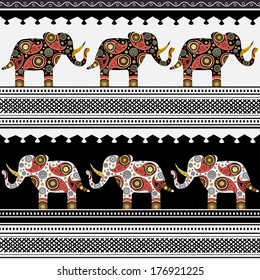 Oriental pattern with elephants on black and white background