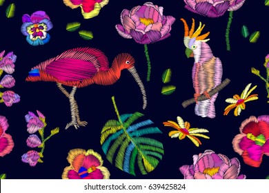 Oriental pattern with embroidered birds. Ibis, cockatoo, palm leaves, flowers. Seamless vector background with floral elements.