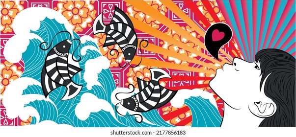 patrón oriental con peces y una niña