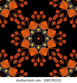 Oriental pattern, Islam, Arabic, Indian, turkish, pakistan, chinese, mystic, ottoman motifs. Flower Mandalas seamless pattern. Orange, gray and black vintage decorative elements.