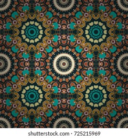 Oriental pattern, Islam, Arabic, Indian, turkish, pakistan, chinese, mystic, ottoman motifs. Flower Mandalas seamless pattern. Gray, brown and green vintage decorative elements.