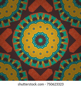 Oriental pattern, Islam, Arabic, Indian, turkish, pakistan, chinese, mystic, ottoman motifs. Flower Mandalas seamless pattern. Blue, orange and brown vintage decorative elements.