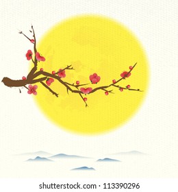 Oriental pattern: Moon and plum above the distance mountains with space for text or image