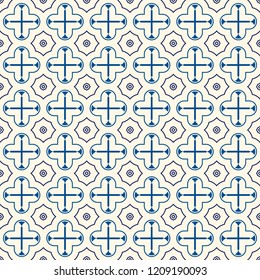 Oriental pattern. Repeated crosses and stars abstract ornament. Quatrefoil figures wallpaper. Maroccan mosaic tiles. Arabesque digital paper, textile print. Vector minimalist seamless surface design  