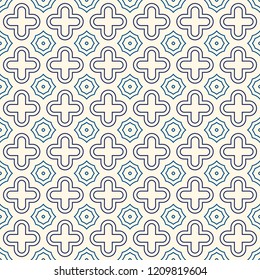 Oriental pattern. Repeated crosses and stars abstract ornament. Quatrefoil figures wallpaper. Maroccan mosaic tiles. Arabesque digital paper, textile print. Vector minimalist seamless surface design 