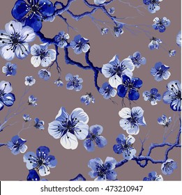 ?Watercolor oriental pattern with sakura branch. Seamless oriental texture with isolated hand drawn cherry blossom. Asian natural background in vector