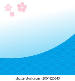 Patrón oriental con iconos de la onda marina y Sakura en la ilustración vectorial de fondo azul.