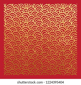 Patrón oriental de ondas de seigaiha pintura dorada real y lámina metálica sobre fondo rojo fondo decorativo o papel de origami con tinta dorada estilo de encaje metálico para el Año Nuevo chino