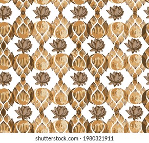 Orientales Muster von stylisierten braunen Lotusblumen und geschwungenen Blättern auf weißem Hintergrund. Vektornahtlose Wiederholung.