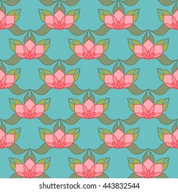 Oriental pattern of stylized pink lotus flowers and curved leaves on light blue background. Vector seamless repeat.