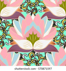 Oriental pattern of stylized pink lotus flowers and curved leaves on light blue background. Vector seamless repeat.