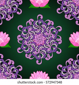 Oriental pattern of stylized pink lotus flowers and curved leaves on green background. Vector seamless repeat.