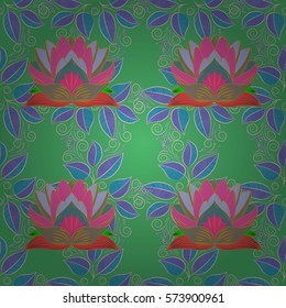 Oriental pattern of stylized pink lotus flowers and curved leaves on green background. Vector seamless repeat. Radial gradient shape.