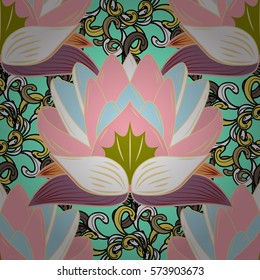 Oriental pattern of stylized pink lotus flowers and curved leaves on light blue background. Vector seamless repeat. Radial gradient shape.