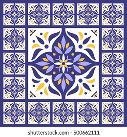 Oriental pattern tiles floor vector - vintage with ceramic cement tiles. Big tile in center is framed in small. Background with portuguese azulejo, mexican talavera, spanish, moroccan motifs.