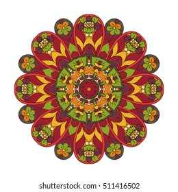 Oriental pattern. Traditional round ornament. Mandala. Flower. Doodle drawing. Red and orange tone