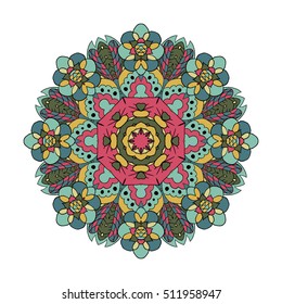 Oriental pattern. Traditional round ornament. Mandala. Flowers. Doodle drawing. Blue, yellow and pink colors