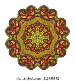 Oriental pattern. Traditional round ornament. Mandala. Flower. Doodle drawing. Red and orange
