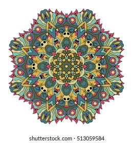 Oriental pattern. Traditional round ornament. Mandala. Doodle drawing. Blue, yellow and pink