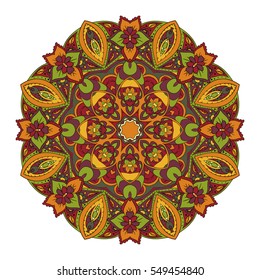 Oriental pattern. Traditional round ornament. Mandala. Snowflake. Doodle drawing. Red and orange tone