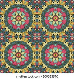 Oriental pattern. Traditional seamless ornament. Mandala. Doodle drawing. Blue, yellow and pink tone