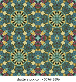 Oriental pattern. Traditional seamless ornament. Mandala. Doodle drawing. Blue, yellow and pink colors