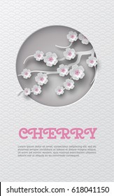 Oriental pattern vertical banner with cut round frame and floral background with white-pink cherry flowers decoration. Vector illustration, paper cut out art style. Caption cherry. Layers are isolated