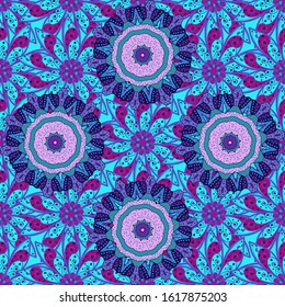 Oriental pattern. Vintage vector decorative elements. Islam, Arabic, Indian, turkish, pakistan, chinese, ottoman motifs. Colored Mandalas on violet, purple and blue colors.