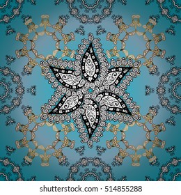 Oriental pattern of white flowers and mandalas. Vector blue gredient background.