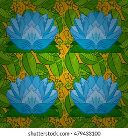 Oriental pattern yellow green leaves background with blue lotus. Mandala. Vector illustration.
