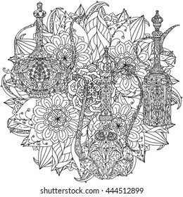 Oriental patterned jug and asian style flowers and leaves for adult coloring book. Black and white. Contoured Vector illustration. The best for your design, textiles, posters, adult coloring book
